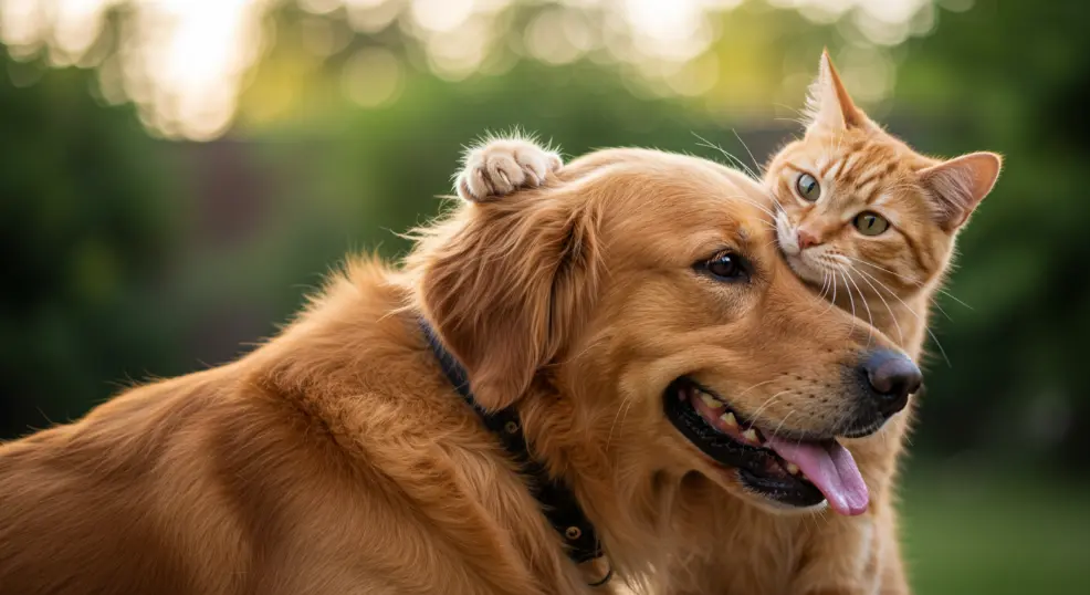  Viral video still of golden retriever cuddling orange cat.