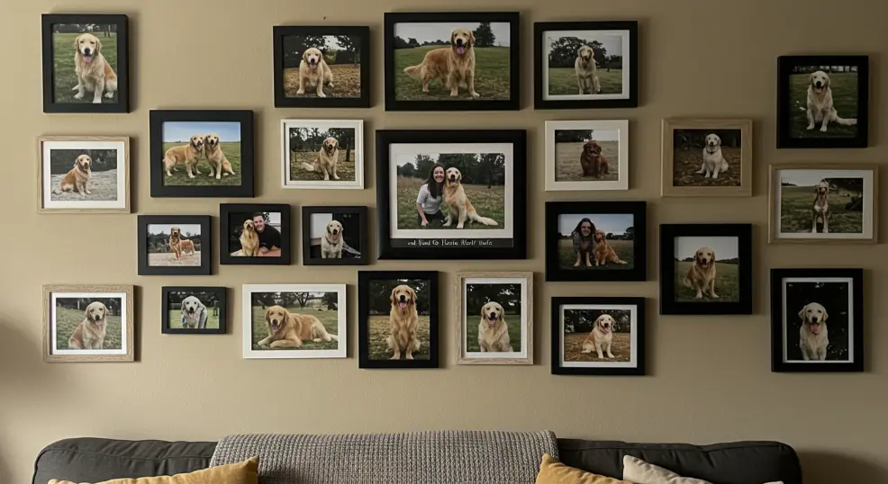 Memory wall with framed Golden Retriever photos.