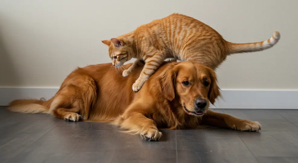  Orange cat climbing playfully on golden retriever’s back.