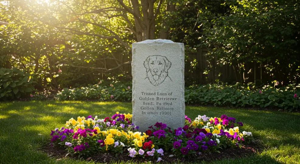 Golden Retriever memorial stone in flower garden