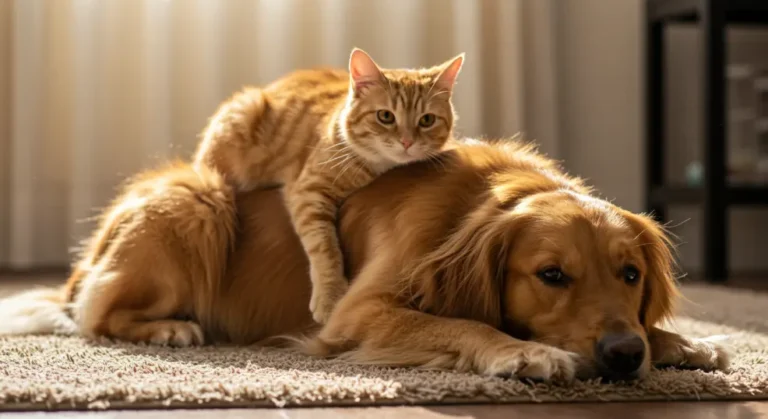 Golden retriever cuddling with an orange tabby cat on a sofa.