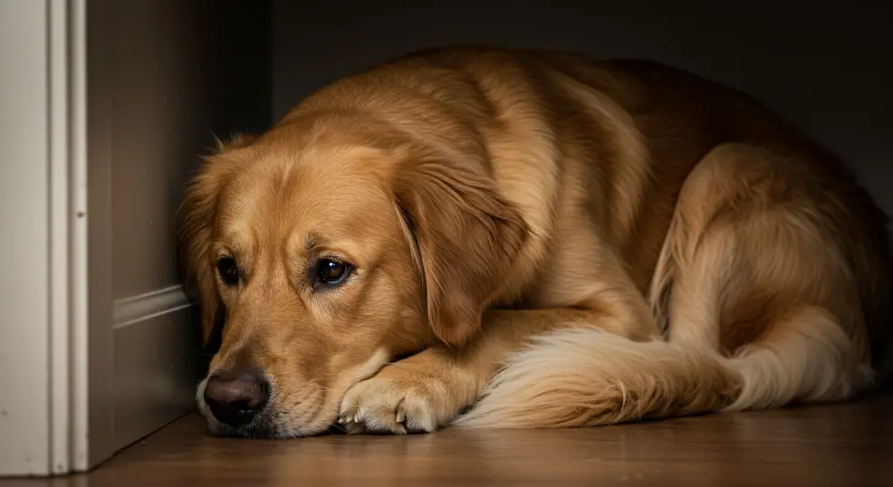  Scared golden retriever hiding