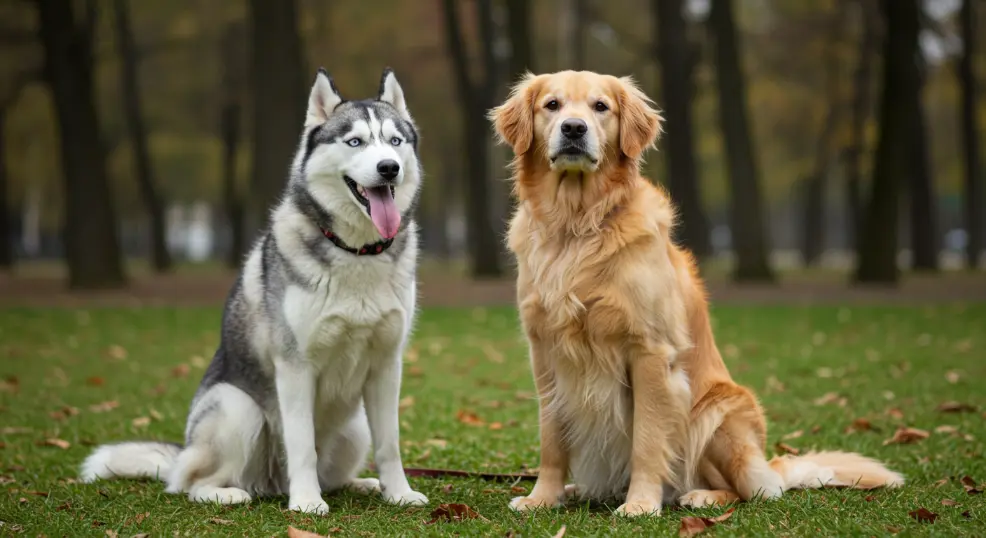 husky and golden retriever sitting together.