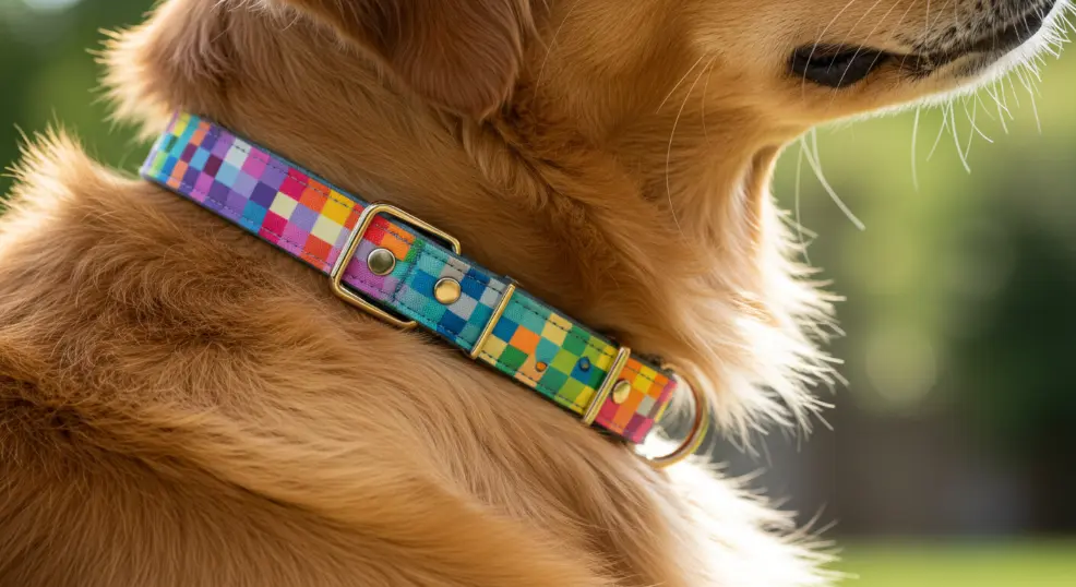  Various dog collars in different colors and styles hanging on a rack.