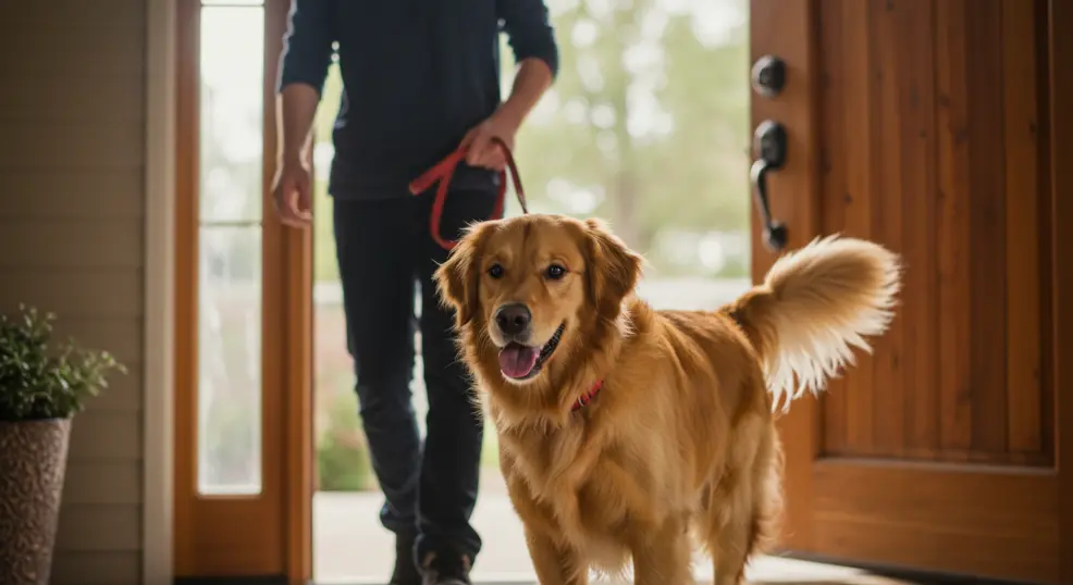 Adopted Golden Retriever walking into new home with leash on.