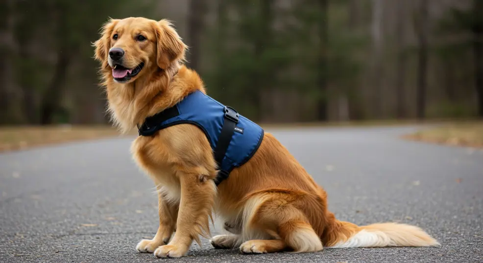 Golden retriever looking calm with an anxiety vest.