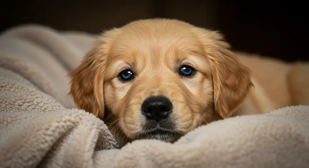 Golden Retriever puppy with newly opened eyes.