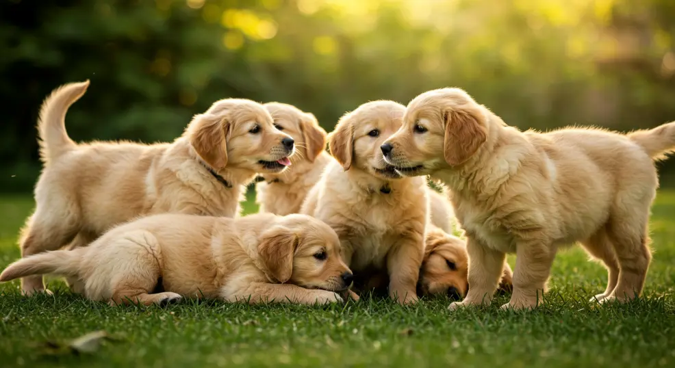 Golden Retriever puppies playing together outside.