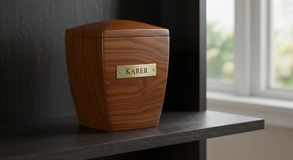 Golden Retriever cremation urn with nameplate.