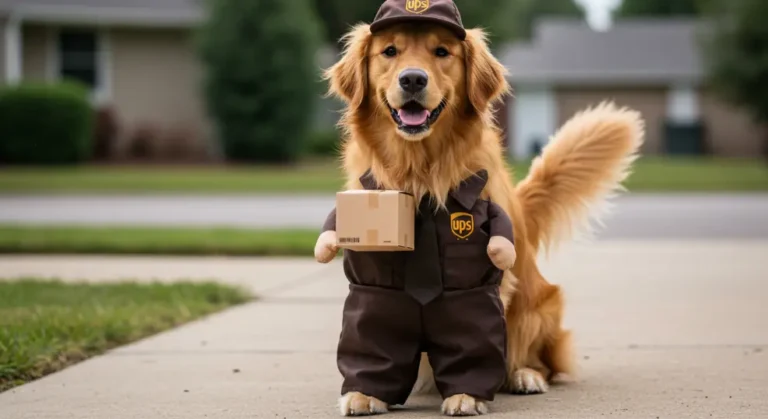 Golden retriever dressed as UPS delivery dog for Halloween.