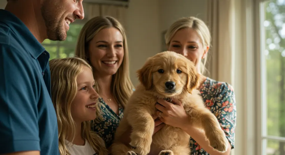 Golden Retriever puppy sitting in a new home for the first time