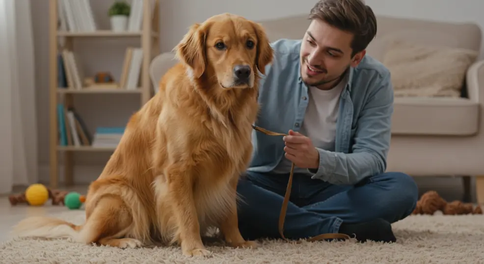 Golden Retriever anxiety and owner sitting with him