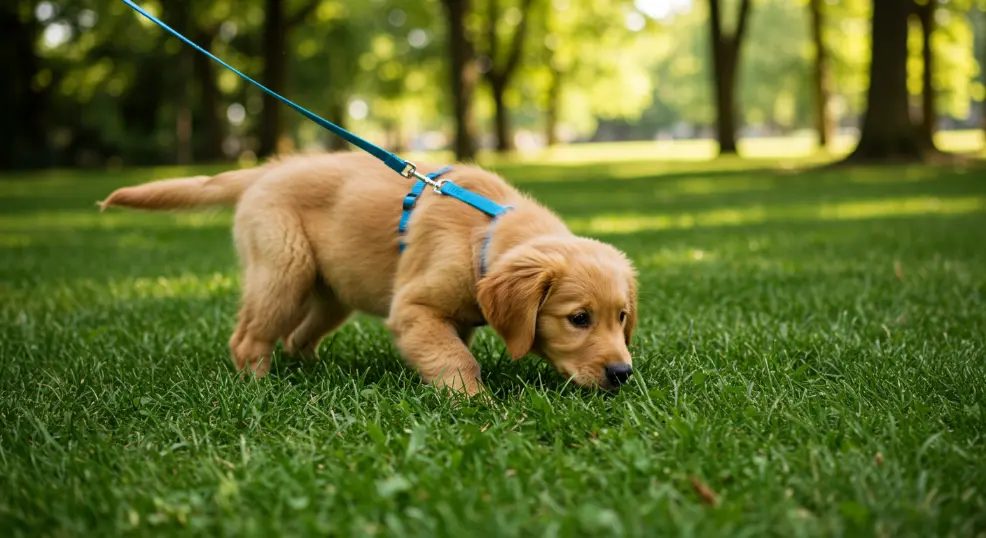 golden retriever puppy milestones exploring grass during a walk.