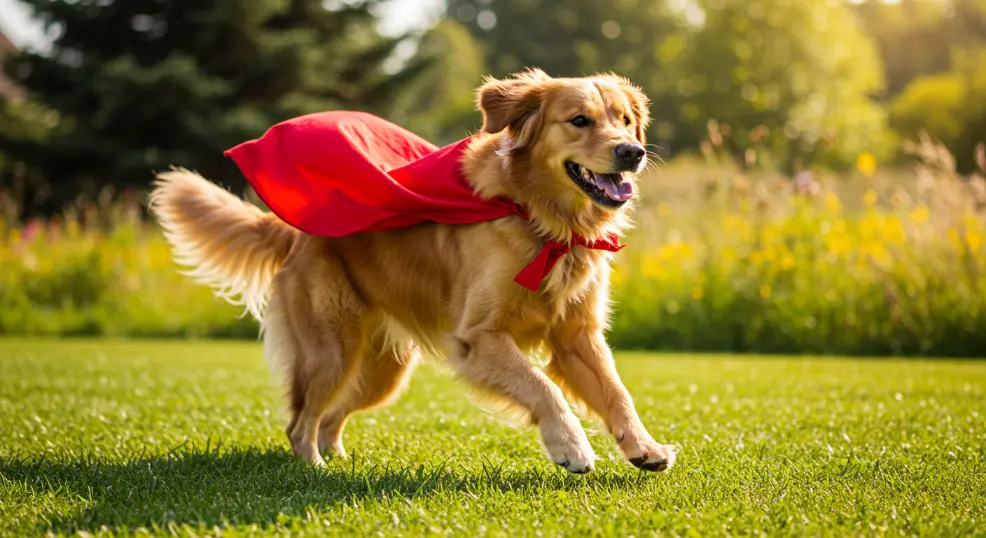 Golden retriever wearing DIY superhero cape for Halloween.