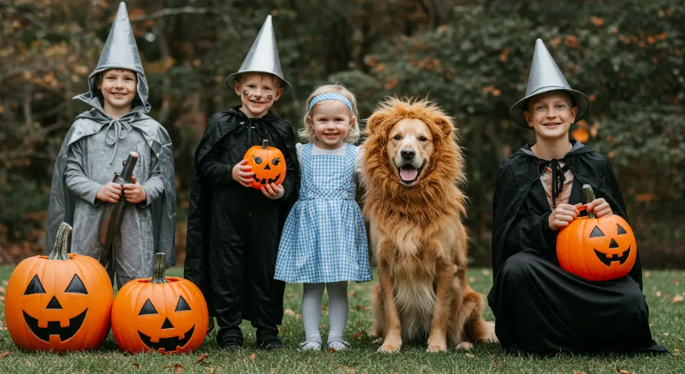 Golden retriever dressed as Cowardly Lion with family in costumes.