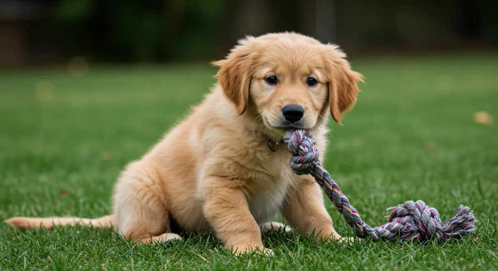 Six-month-old Golden Retriever puppy playing fetch.