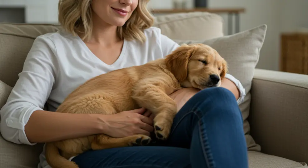 Golden Retriever puppy napping on owner’s lap.