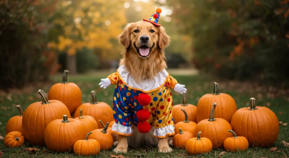  Golden retriever in Halloween costume sitting next to pumpkins.