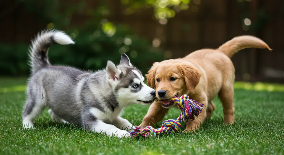 Husky puppy and golden retriever puppy playing together.
