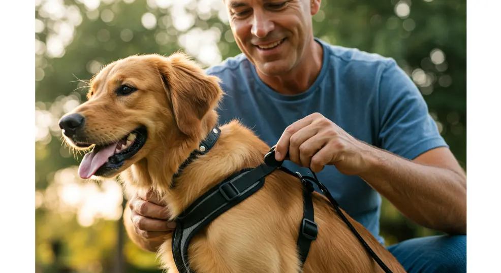 Dog wearing a harness being adjusted by the owner.