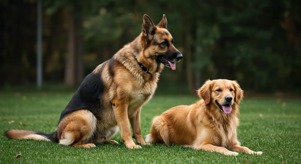 German Shepherd and Golden Retriever sitting outdoor