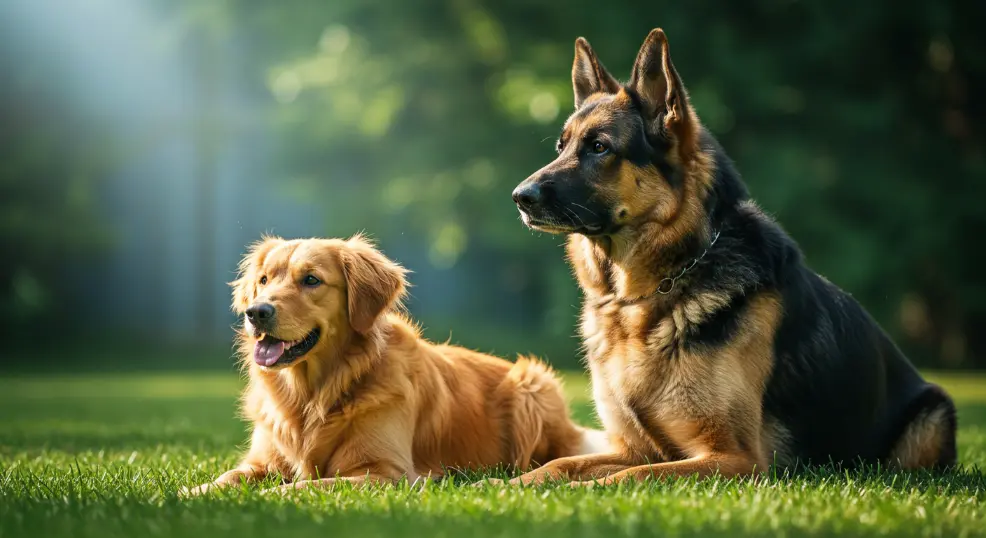 German Shepherd and Golden Retriever together sitting