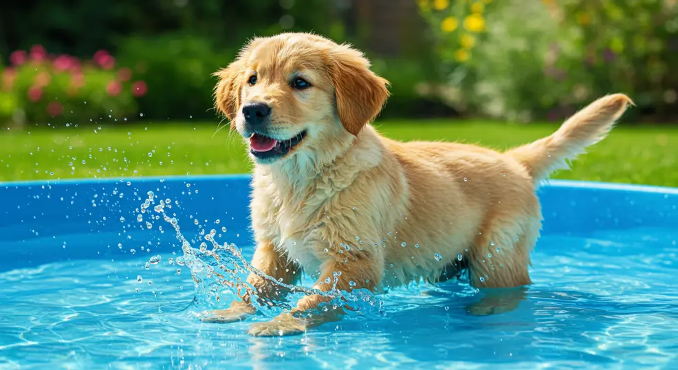 Golden Retriever puppy looking playful and cheeky.