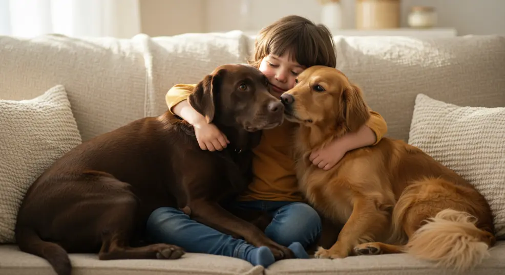 : Child cuddling a golden retriever and labrador together indoors.