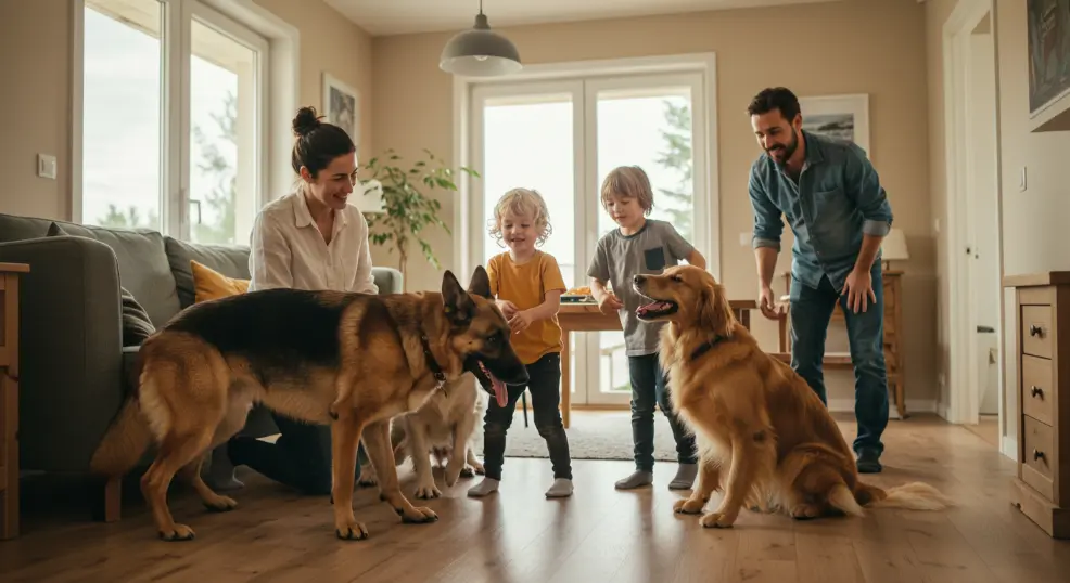 Family with German Shepherd and Golden Retriever at home.