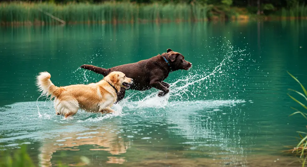 Golden retriever and labrador playing outdoors near water.