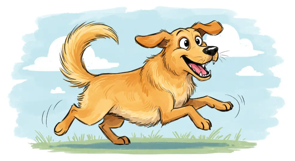 Cartoon drawing of a Golden Retriever happily chasing its tail.