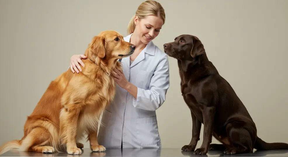 Golden retriever and labrador being checked at the vet clinic.
