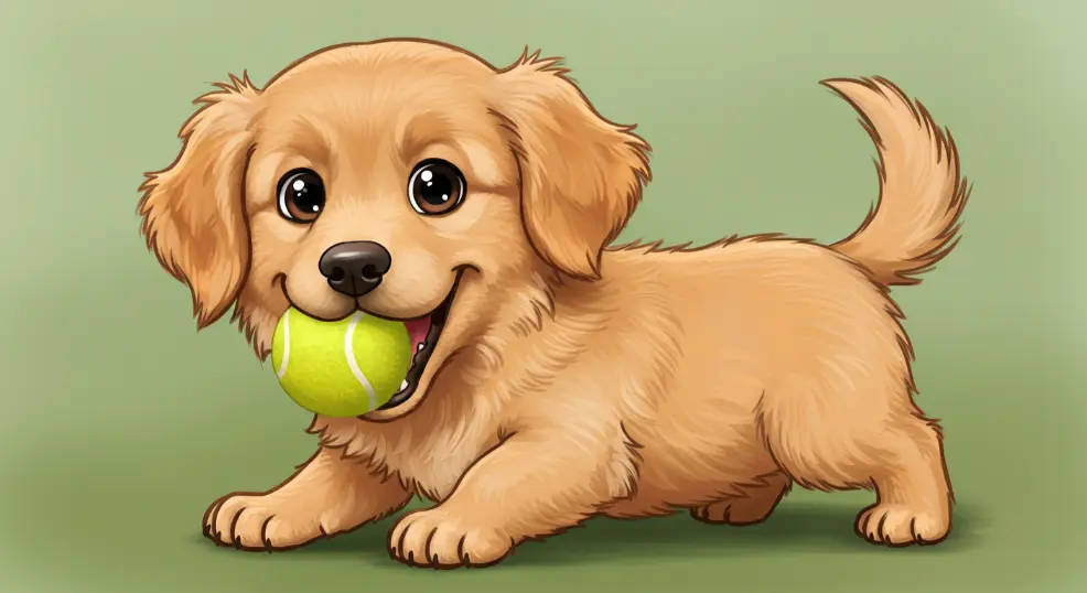 Cartoon Golden Retriever with tennis ball in mouth.