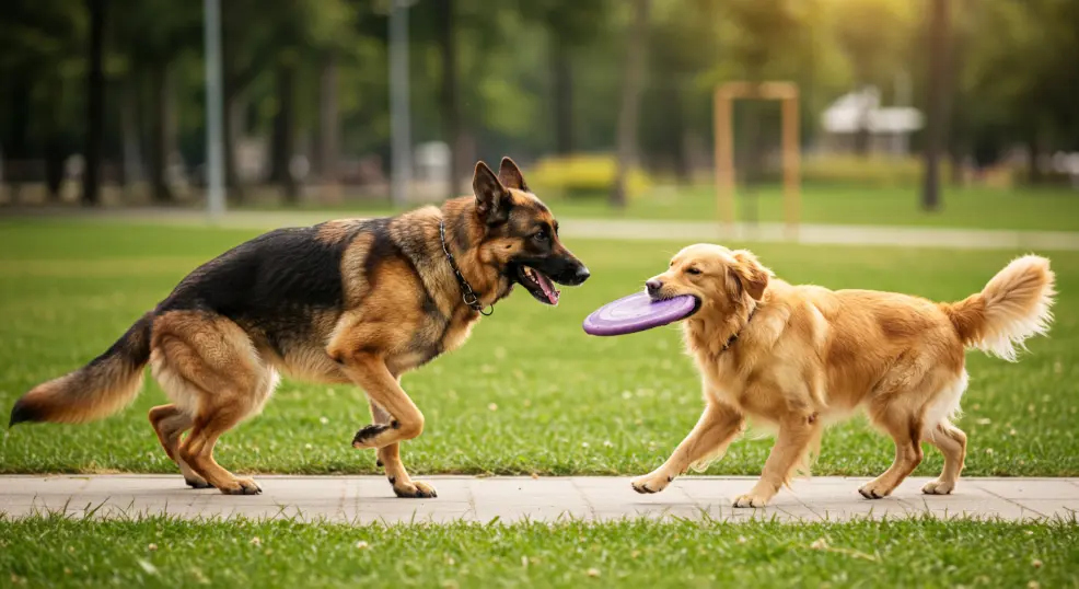 German Shepherd and Golden Retriever exercising outdoors.
