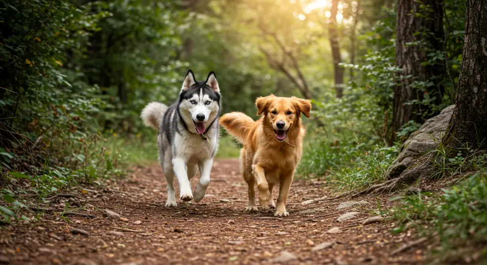 Husky and golden retriever exercising together outdoors.