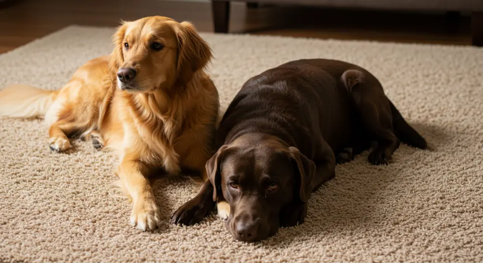 Golden retriever and labrador resting together