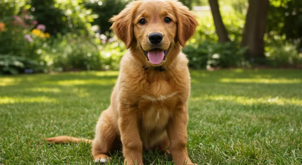 Golden retriever and labrador mix puppy sitting outdoors.
