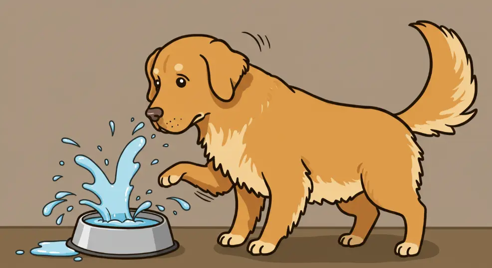 Cartoon Golden Retriever spilling water bowl in meme style.