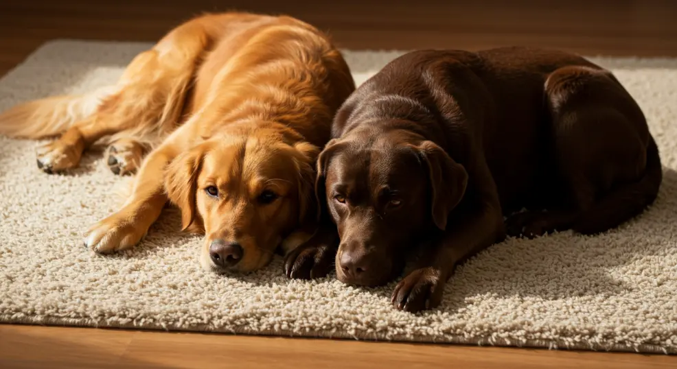 Golden retriever and labrador resting together in a cozy home.