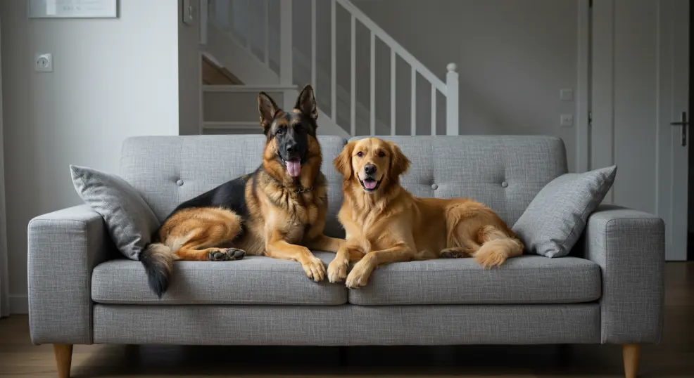 German Shepherd and Golden Retriever sitting on sofa
