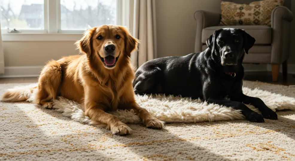 Golden retriever and labrador sitting together, showing their different coats.