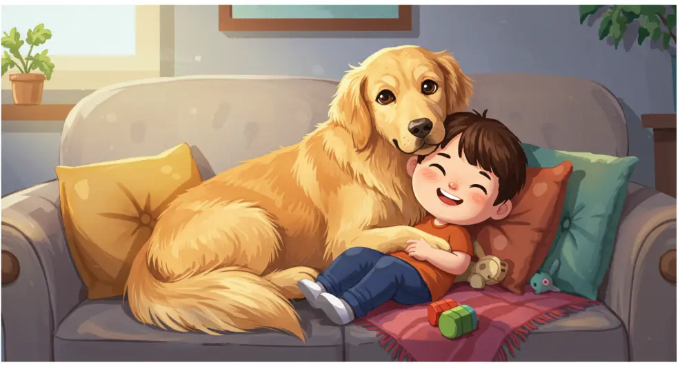 Cartoon Golden Retriever snuggled up with a child