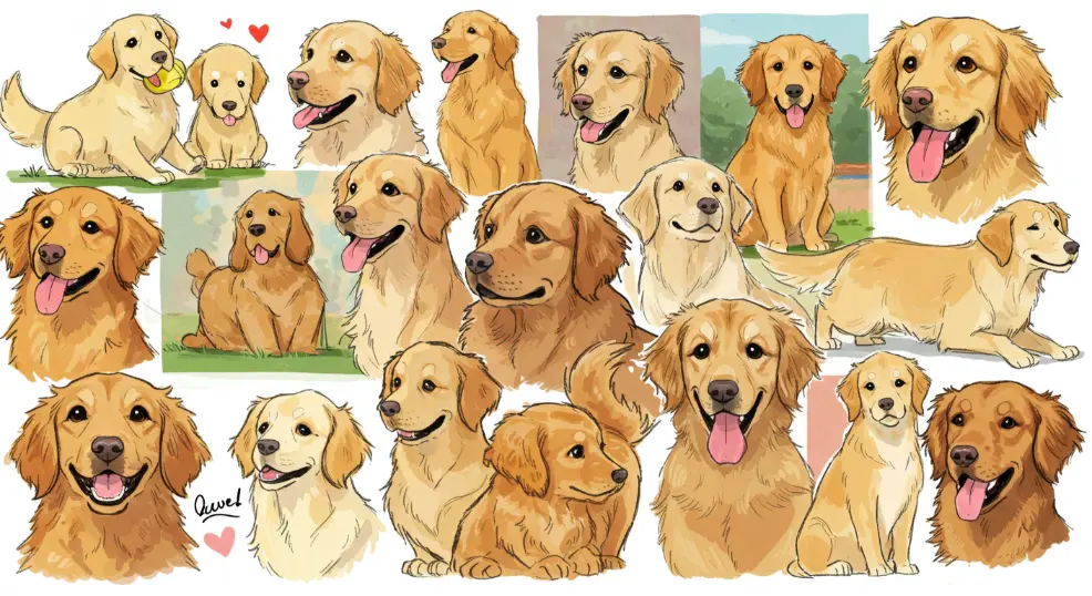 Collection of golden retriever cartoon drawings in different styles.