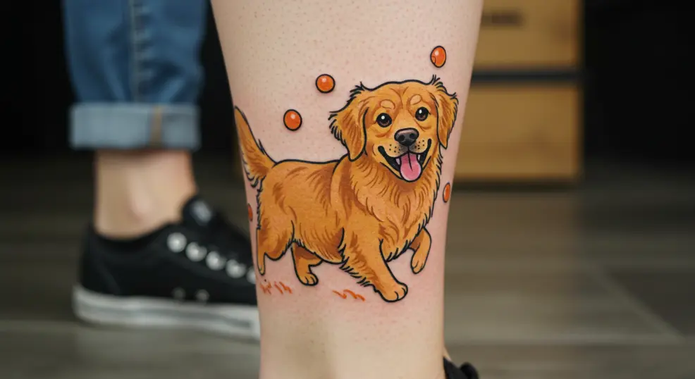 Cartoon-style Golden Retriever tattoo