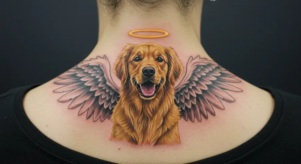  Golden Retriever memorial tattoo with wings.