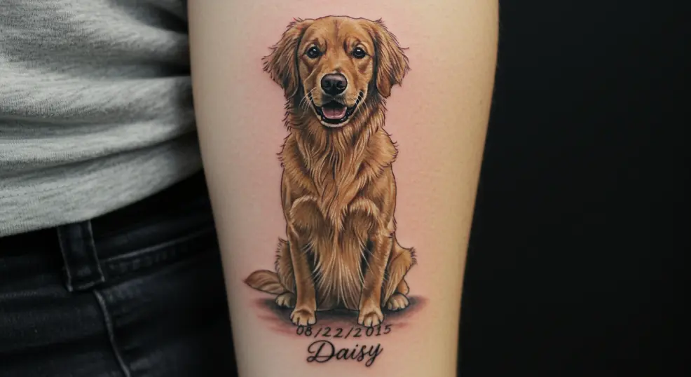 Golden Retriever tattoo with birthdate and name.