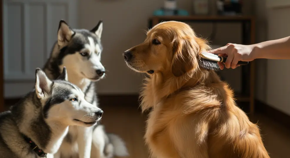 Grooming husky and golden retriever at home.