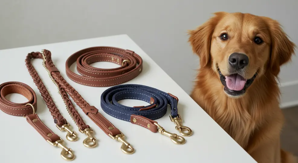 Standard, retractable, and hands-free dog leashes displayed.