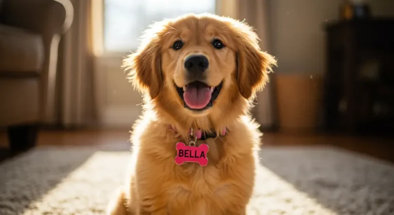 golden retriever with name tag