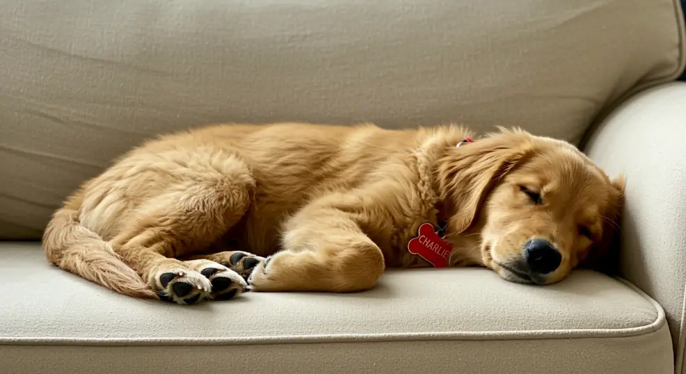 golden retriever with name tag sleeping